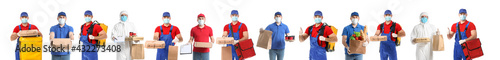 Male couriers in protective masks and suits on white background. Delivery service during coronavirus epidemic