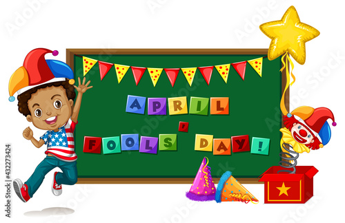 April Fool's Day font logo on chalkboard with a boy wearing jester hat
