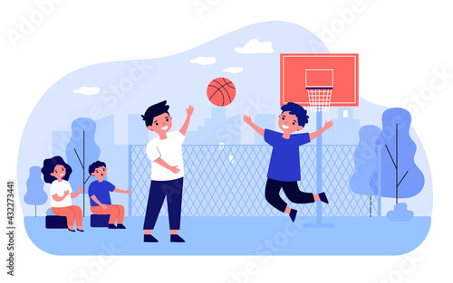 Happy children playing basketball outdoors. Ball, street, player flat vector illustration. Entertainment and sport game concept for banner, website design or landing web page