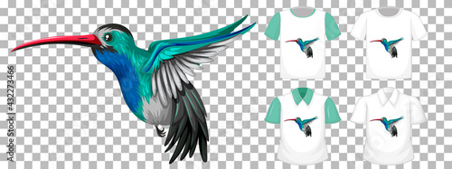 Set of different shirts with little bird cartoon character isolated on transparent background