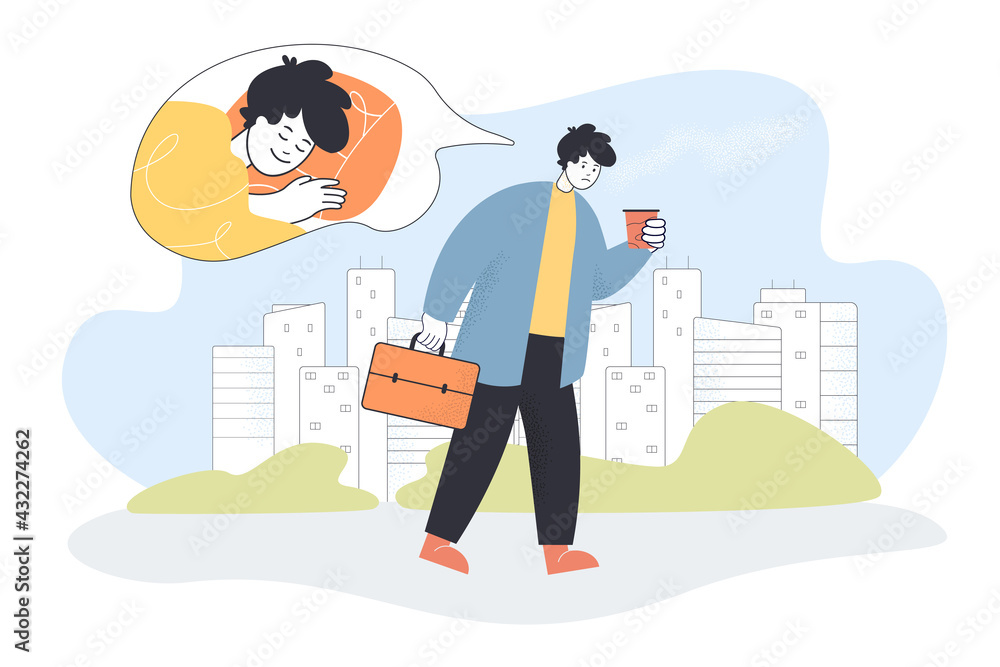 Sad office worker thinking of sleep. Tired man with coffee going to work flat vector illustration. Adult life, work, low energy, tiredness concept for banner, website design or landing web page