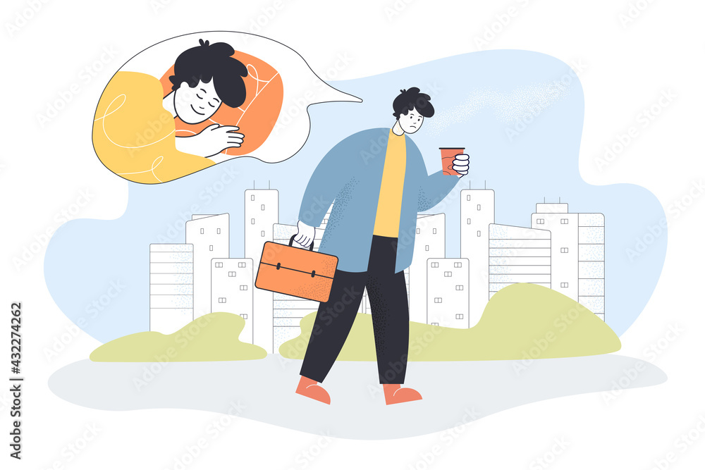 Sad office worker thinking of sleep. Tired man with coffee going to work flat vector illustration. Adult life, work, low energy, tiredness concept for banner, website design or landing web page Sad office worker thinking of sleep. Tired man with coffee going to work flat vector illustration. Adult life, work, low energy, tiredness concept for banner, website design or landing web page
