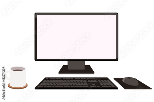 PCモニターと周辺機器のシンプルなイラスト