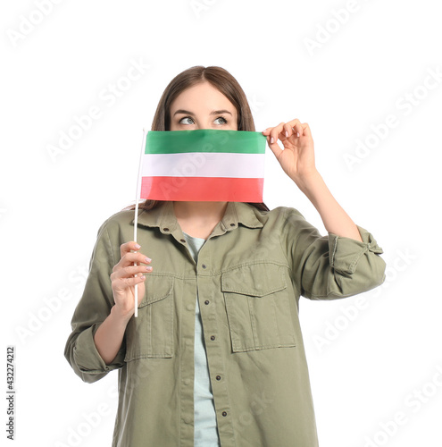 Beautiful young woman with the flag of Republic of Lower Canada on white background photo