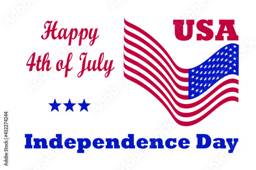 Happy Independence Day USA, Happy 4th of July. Vector holiday concept Fourth of July. Wavy Flag of the United States in vector, stars and text greetings for american holiday