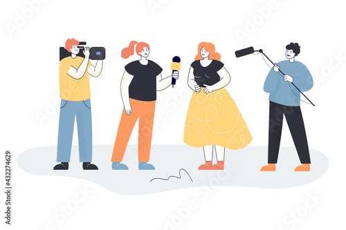 Female journalist interviewing woman. Cartoon character with microphone, operator shooting for video report flat vector illustration. Interview, news media concept for banner, website design