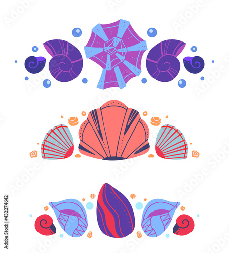 Set of spacers with seashells, sand and bubbles. Vector ocean design element. Hand drawn flat baby marine text delimiters for article, invitation and card. Vector molluscs and shells with decoration