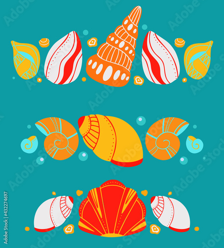 Set of spacers with seashells, sand and bubbles. Vector ocean design element. Hand drawn flat baby marine text delimiters for article, invitation and card. Vector molluscs and shells with decoration