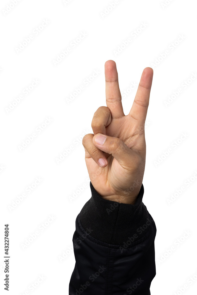 Hand man showing finger two sign on isolated white background. With clipping path. Hand man showing finger two sign on isolated white background. With clipping path.