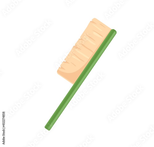 Sweeping brush with natural bristle and handle. Side view of floor cleaning t...