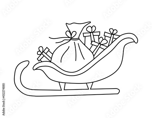 Christmas sleigh of Santa Claus with bag and gift boxes. New Year and Christmas theme. Cute Christmas sleigh. Vector illustration hand drawn in outline doodle style.