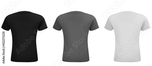 Shirt mock up set. Sport blank shirt template front and back view. Black, gray and white front design. Vector template.