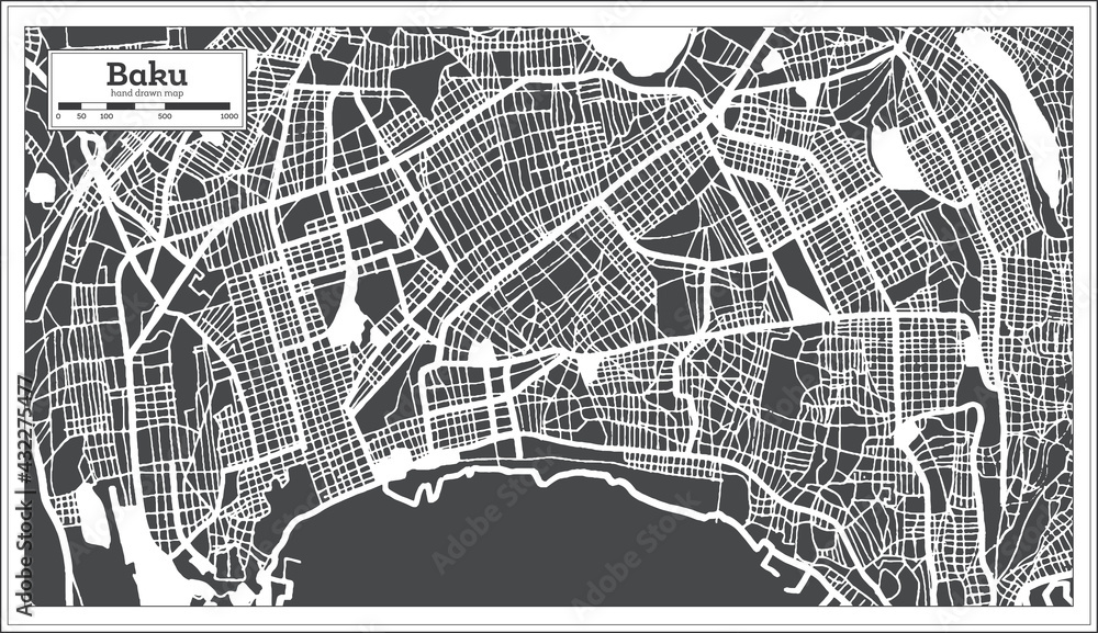 Baku Azerbaijan City Map in Black and White Color in Retro Style. Outline Map.