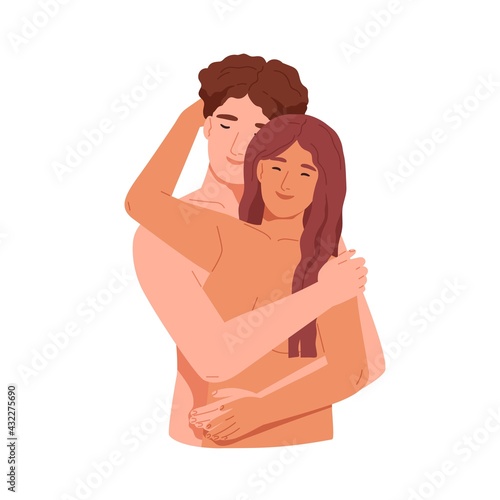 Naked lovers hugging. Happy love couple of nude man and woman. Intimacy and sexual relationship concept. Colored flat vector illustration of enamored people isolated on white background