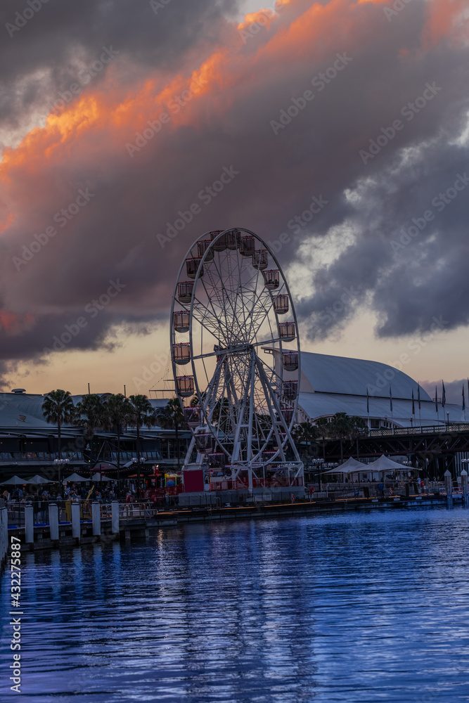Panoramic view of Sydney Harbour with the ferris wheel in the centre NSW Australia