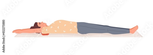 Woman stretching her body on mat with foam roller under shoulder blade. Japanese technique of towel exercise for back health. Colored flat vector illustration isolated on white background