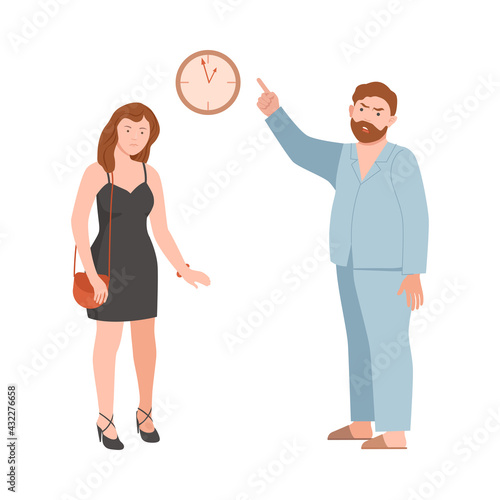 Annoyed Dad Scolding His Teenage Daughter for Being Late Vector Illustration