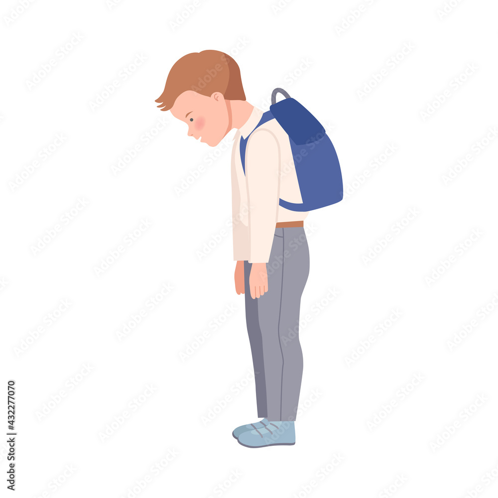 Embarrassed Little Boy with Backpack Having Guilty Look Bowing His Head in Shame Vector Illustration Embarrassed Little Boy with Backpack Having Guilty Look Bowing His Head in Shame Vector Illustration