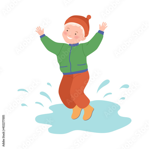 Naughty Child Jumping and Splashing in Puddle Vector Illustration