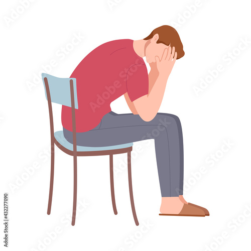 Young Man Sitting on Chair Holding His Head Feeling Sad Because of Quarrelling Experience Vector Illustration