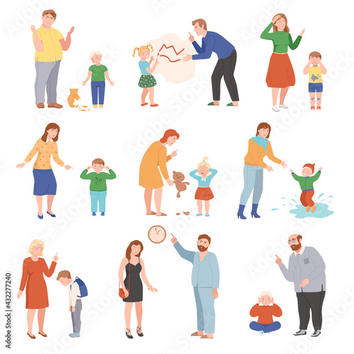Annoyed Parents Scolding Their Kids for Disobedience and Bad Behavior Vector Illustration Set