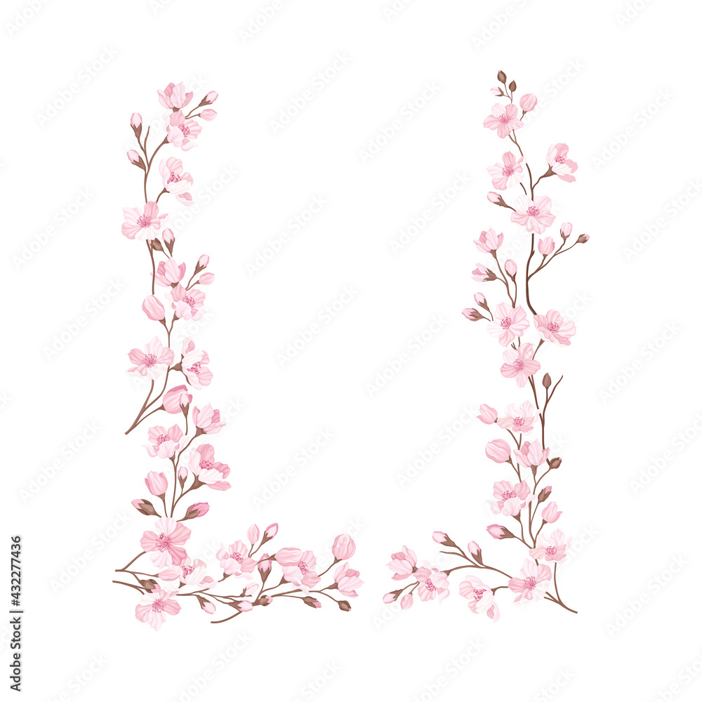 Twigs of Sakura or Cherry Blossom Arranged in Rectangular Frame Vector Illustration