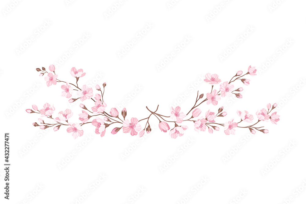 Sakura or Cherry Blossom Twigs Arranged in Border Line Vector Illustration
