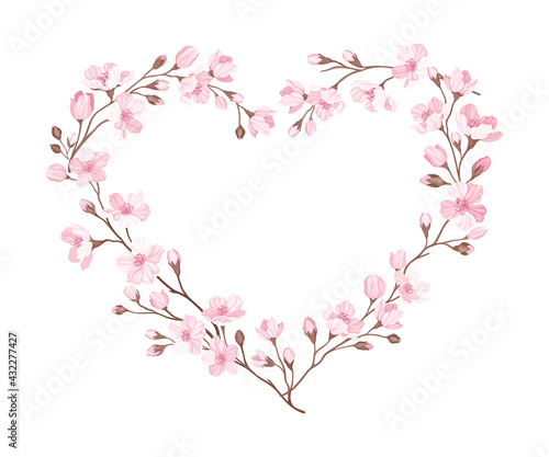 Heart Shaped Frame Arranged of Twigs of Sakura or Cherry Blossom Vector Illustration