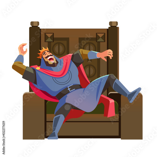 King laughing on the throne. Cartoon king character, wearing crown and mantle, cartoon vector illustration isolated in white background