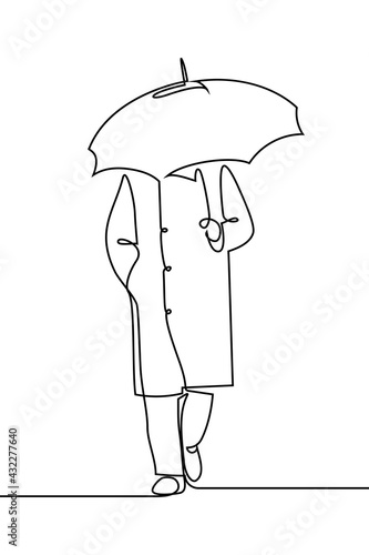 Person with umbrella in continuous line art drawing style. Front view of man walking in autumn coat holding umbrella over head. Black linear sketch isolated on white background. Vector illustration