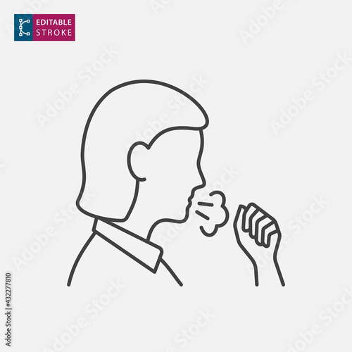 Woman coughing line icon on white background. Editable stroke.