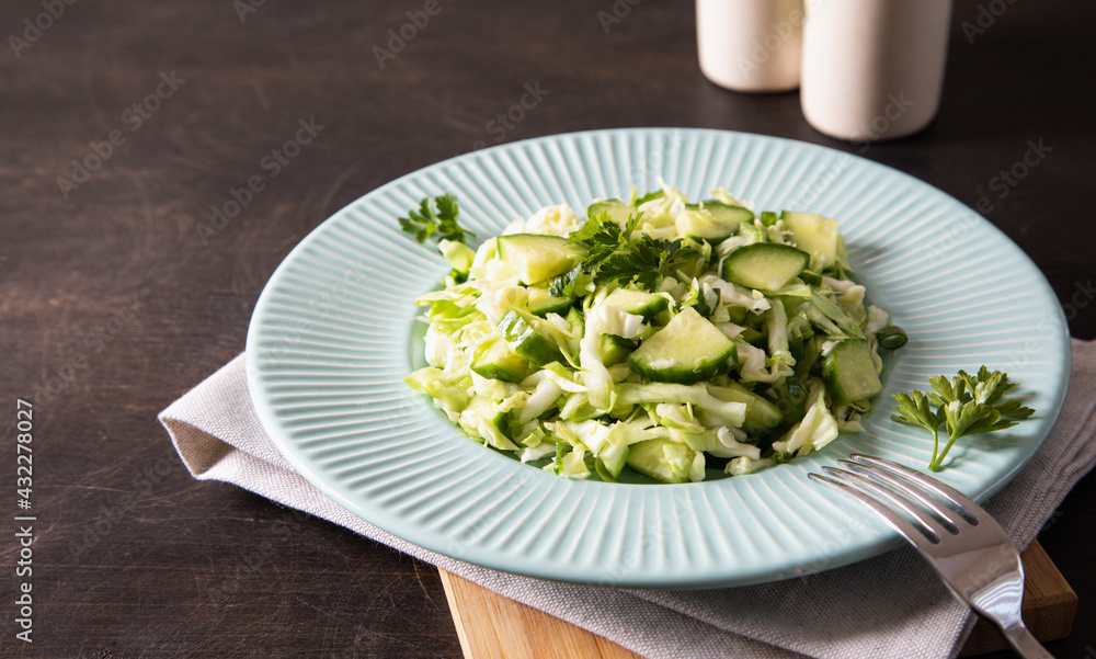 Healthy salad. Detox Spring vegan salad with cabbage, cucumber, green onion and parsley Healthy salad. Detox Spring vegan salad with cabbage, cucumber, green onion and parsley