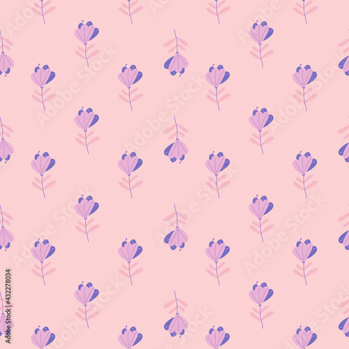 Blue scribble flowers creative hand drawn seamless pattern. Doodle nature ornament. Pastel pink background.