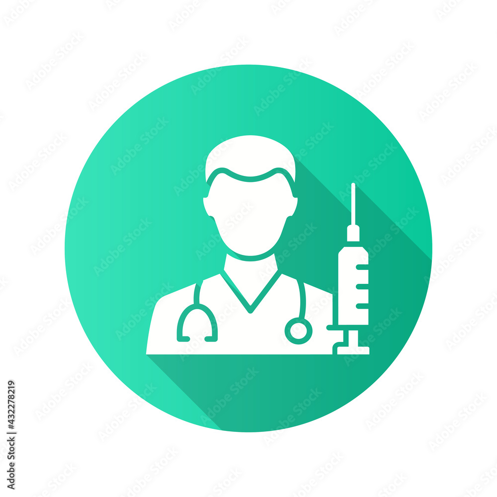 Doctor with syringe icon with long shadow for graphic and web design. Doctor with syringe icon with long shadow for graphic and web design.