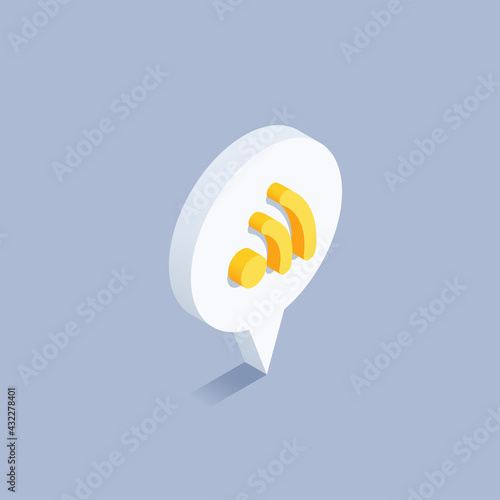 isometric vector illustration on gray background, text bubble and wireless internet sign, free internet zone