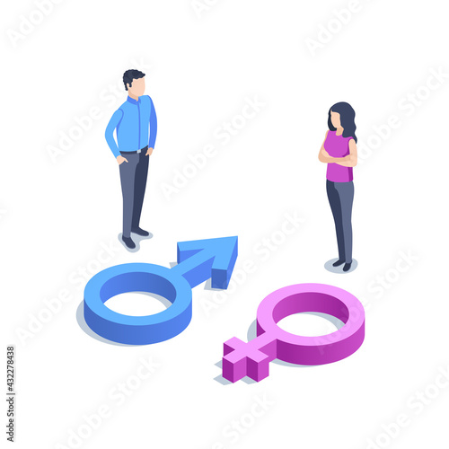 isometric vector illustration isolated on white background, man and woman and gender signs