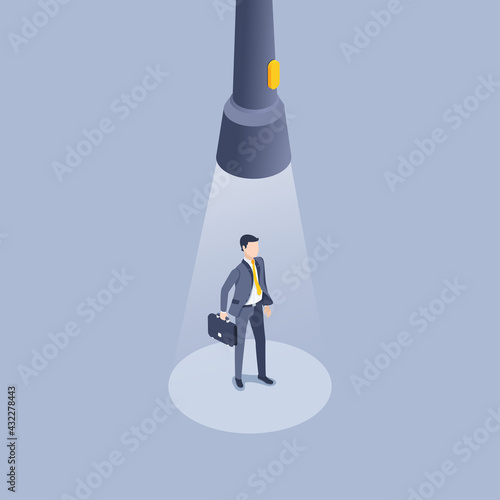 isometric vector illustration on gray background, search professional, big flashlight with yellow button shines on a man in a business suit with a briefcase