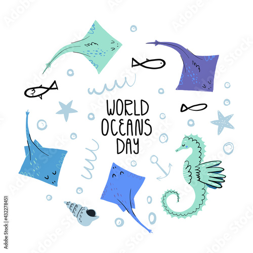 World oceans day card. Lettering, seahorse, cramp fishes surrounded by sea stars, shell and doodle fishes, bubbles.
