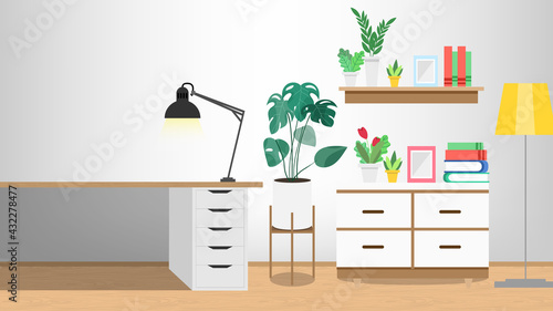 Working room with a lamp on the desk and a tree beside it and a shelf filled with small plants and picture frames, Vector Illustration EPS 10 photo