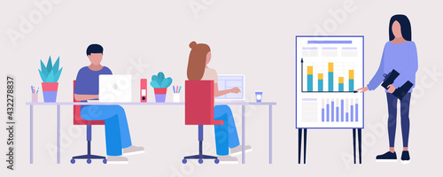 Illustration of staff education, office workshop, meeting