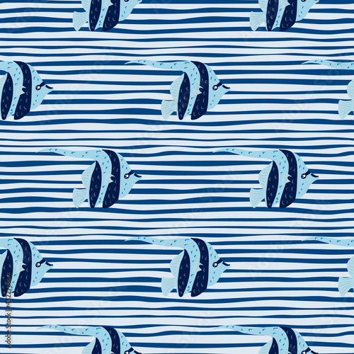 Abstract ocean seamless pattern with bright imperial angelfish ornament. Striped blue background.