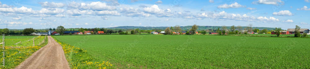 Panoramic view at a cultivated land with a dirt road in the country Panoramic view at a cultivated land with a dirt road in the country