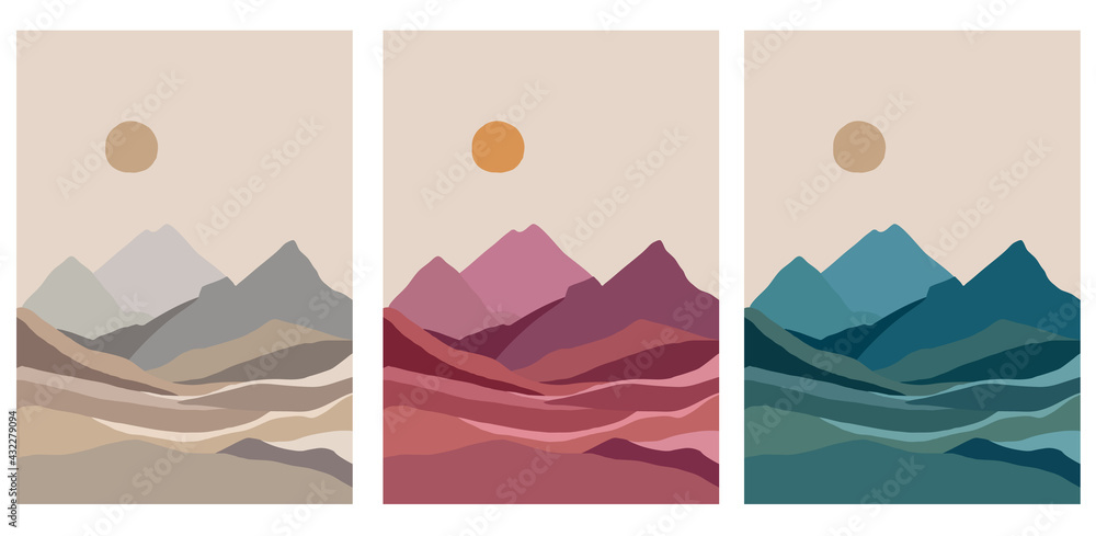 Landscape poster. Mountain art. Mountain, river view. Hills, clouds, sun, moon. Japanese style. Modern minimalist print. Nature art background. Natural wallpaper. Landscape poster. Mountain art. Mountain, river view. Hills, clouds, sun, moon. Japanese style. Modern minimalist print. Nature art background. Natural wallpaper.