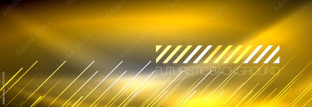 Neon glowing lines, magic energy and light motion background. Vector wallpaper template