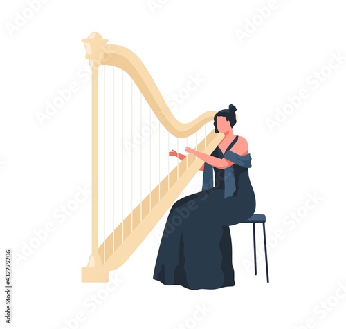 Female musician in dress playing harp, sitting on chair. Harpist performing classic melody on music string instrument. Performance talented instrumentalist. Flat vector illustration isolated on white