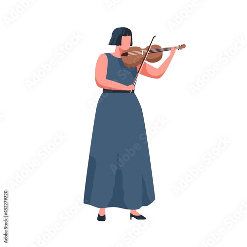Female musician playing violin with bow. Violinist performing classic music on fiddle with fiddlestick. Woman in dress standing with string instrument. Flat vector illustration isolated on white