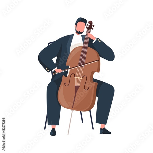 Musician holding bow and playing cello. Cellist performing classic music on s...