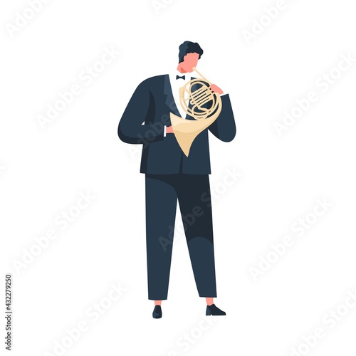 Musician in suit and bow performing classic melody on French horn. Instrumentalist playing music on brass instrument. Man with trumpet. Colored flat vector illustration isolated on white background