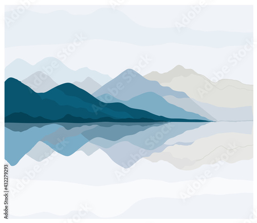 Landscape poster. Mountain art. Mountain, river view. Hills, clouds, sun, moon. Japanese style. Modern minimalist print. Nature art background. Natural wallpaper.