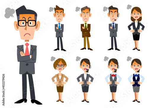 顔を紅潮させて怒る会社員の男女の全身セット
